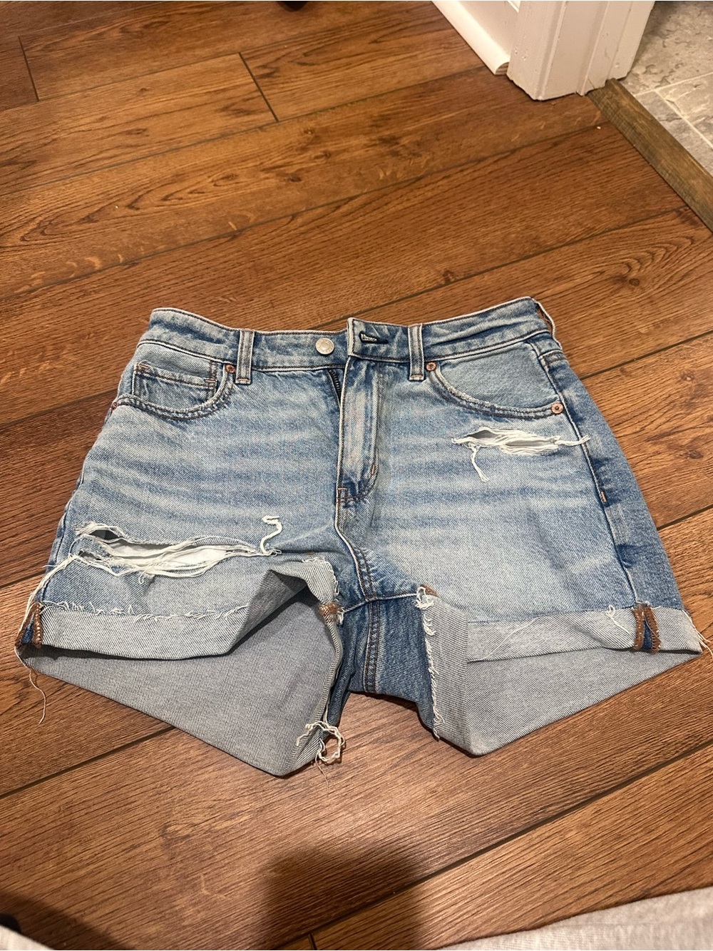American Eagle Outfitters Light Blue Distressed High Waist Denim Shorts